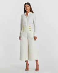 Pants | Women Mac Duggal Ivory Tweed High Waisted Wide Leg Sailor Pant With Gold Buttons - FINA Cream