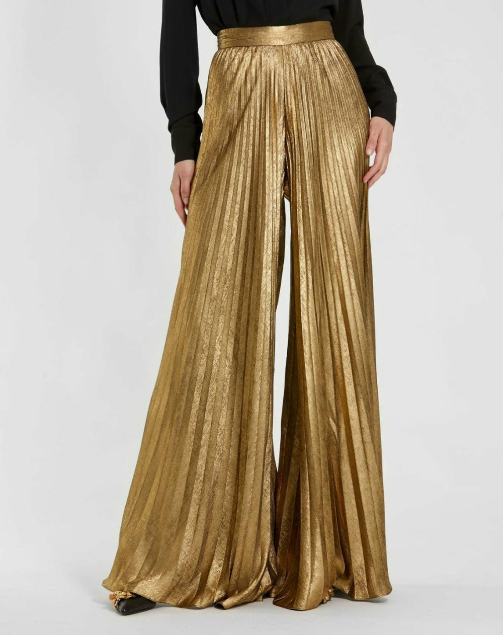 Pants | Women Mac Duggal Metallic Lamé Pleated Wide Leg Pant Gold
