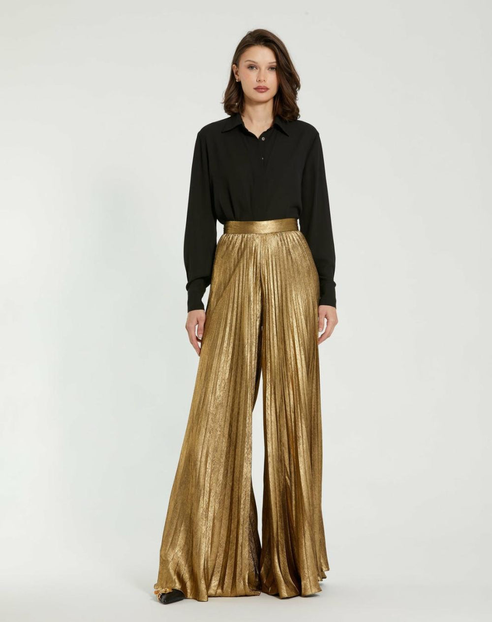 Pants | Women Mac Duggal Metallic Lamé Pleated Wide Leg Pant Gold