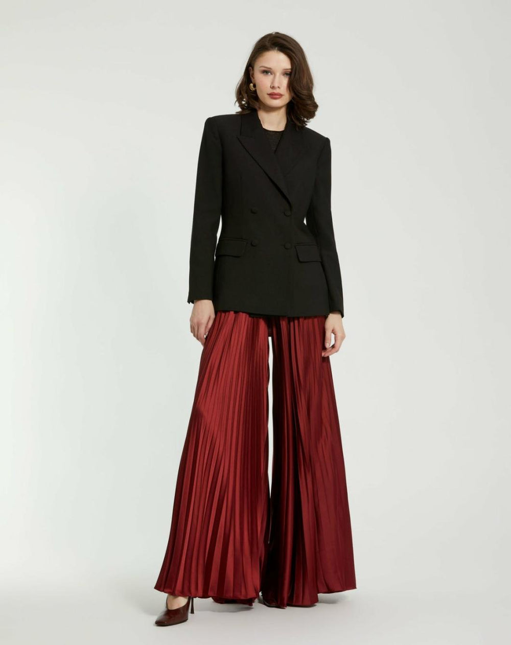 Pants | Women Mac Duggal Pleated Charmeuse Wide Leg Pants Oxblood