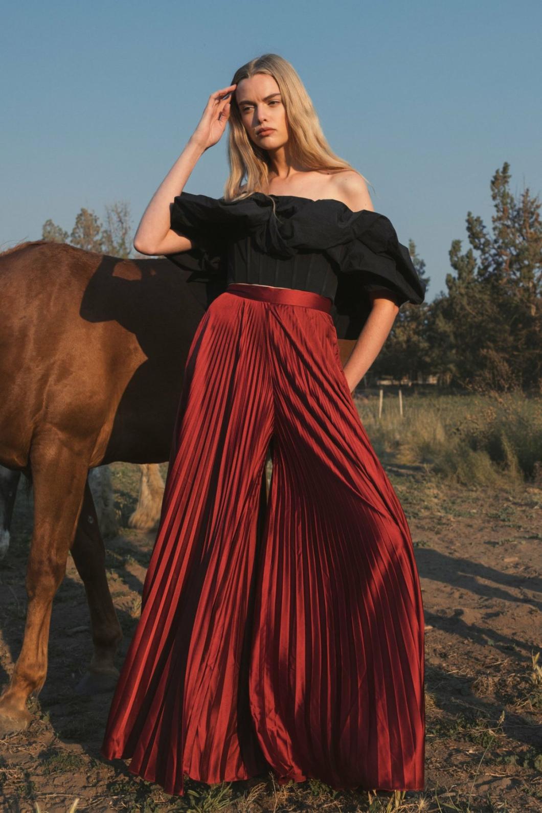 Pants | Women Mac Duggal Pleated Charmeuse Wide Leg Pants Oxblood
