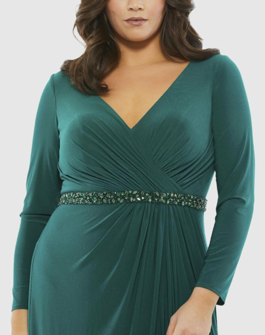 Plus Size Dresses | Women Mac Duggal Beaded Belt Jersey Faux Wrap Long Sleeve Gown Emerald