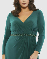 Plus Size Dresses | Women Mac Duggal Beaded Belt Jersey Faux Wrap Long Sleeve Gown Emerald