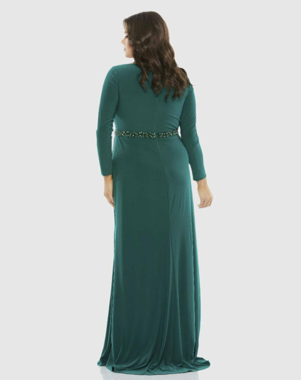 Plus Size Dresses | Women Mac Duggal Beaded Belt Jersey Faux Wrap Long Sleeve Gown Emerald