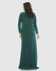 Plus Size Dresses | Women Mac Duggal Beaded Belt Jersey Faux Wrap Long Sleeve Gown Emerald