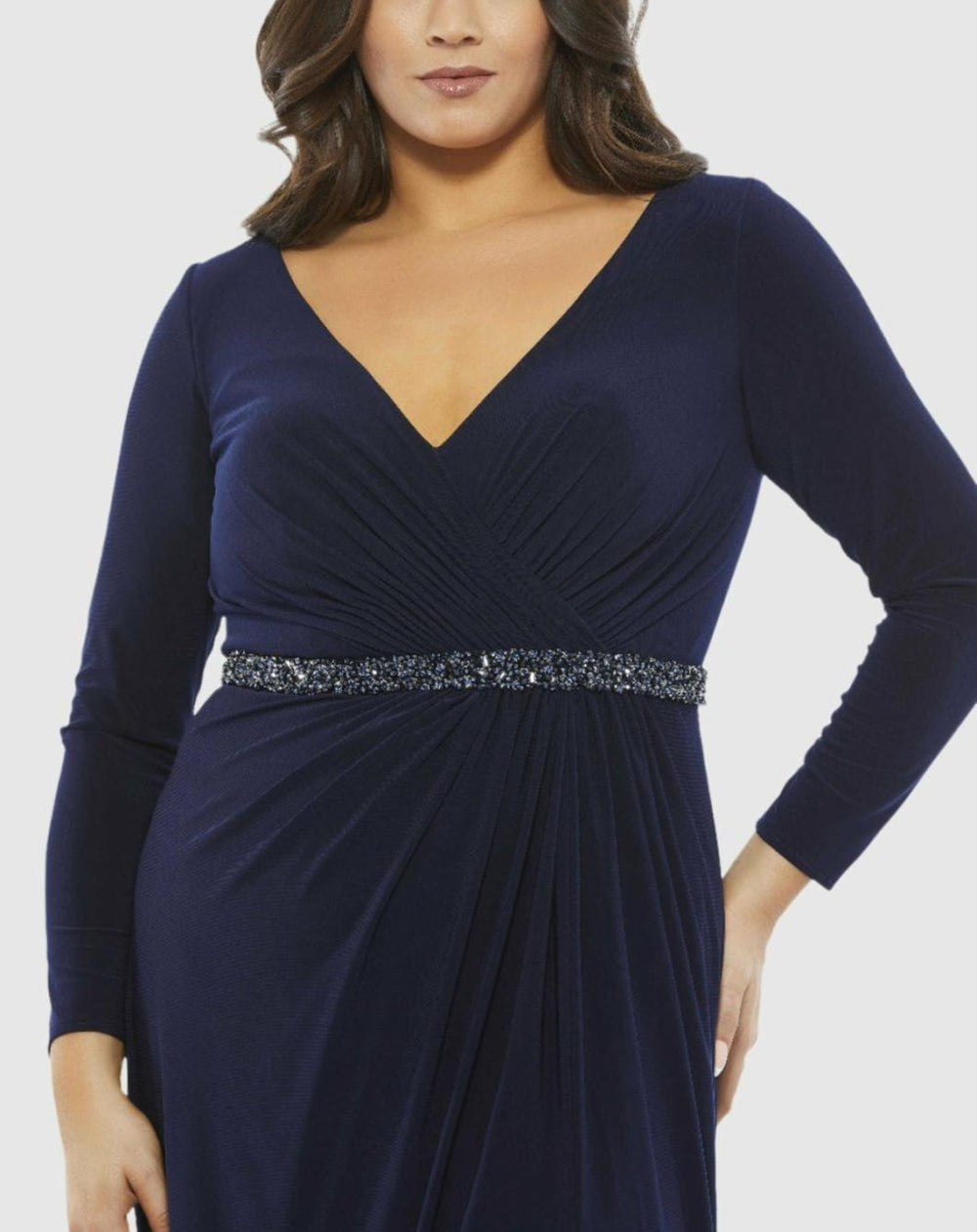 Plus Size Dresses | Women Mac Duggal Beaded Belt Jersey Faux Wrap Long Sleeve Gown Emerald