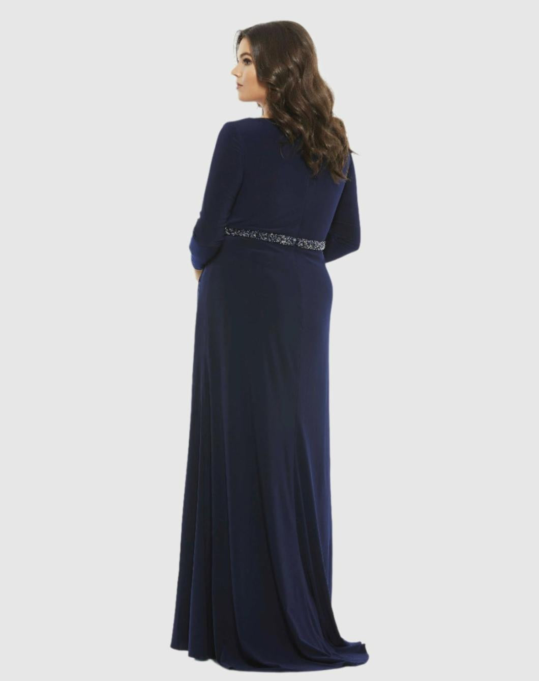 Plus Size Dresses | Women Mac Duggal Beaded Belt Jersey Faux Wrap Long Sleeve Gown Emerald