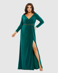 Plus Size Dresses | Women Mac Duggal Beaded Belt Jersey Faux Wrap Long Sleeve Gown Emerald