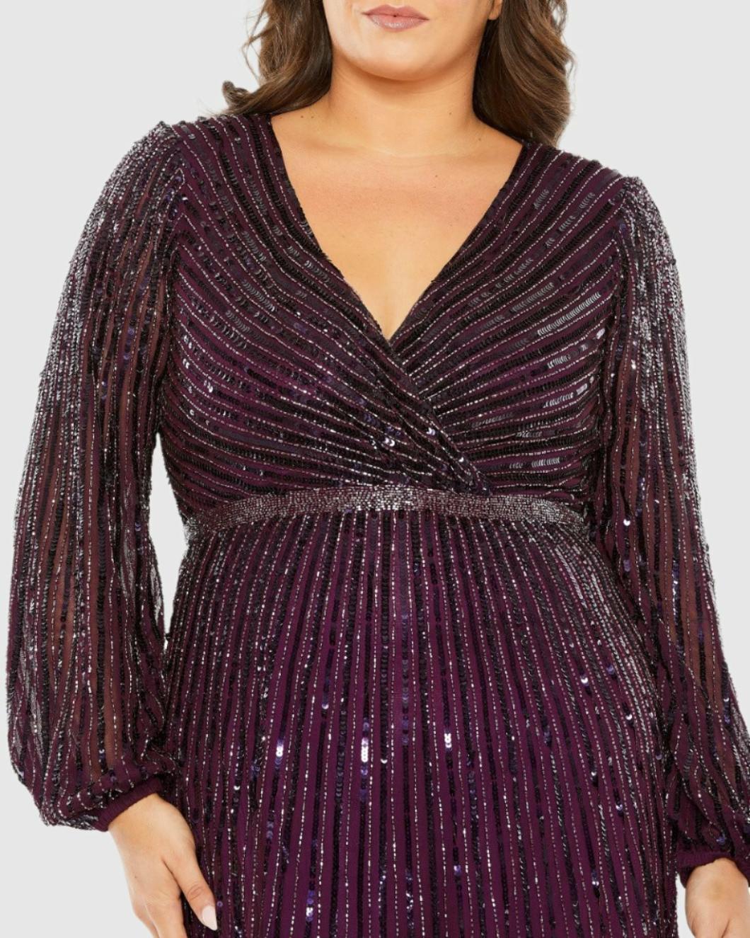 Plus Size Dresses | Women Mac Duggal Beaded Faux Wrap Puff Sleeve Ruffle Tiered Dress Blackberry