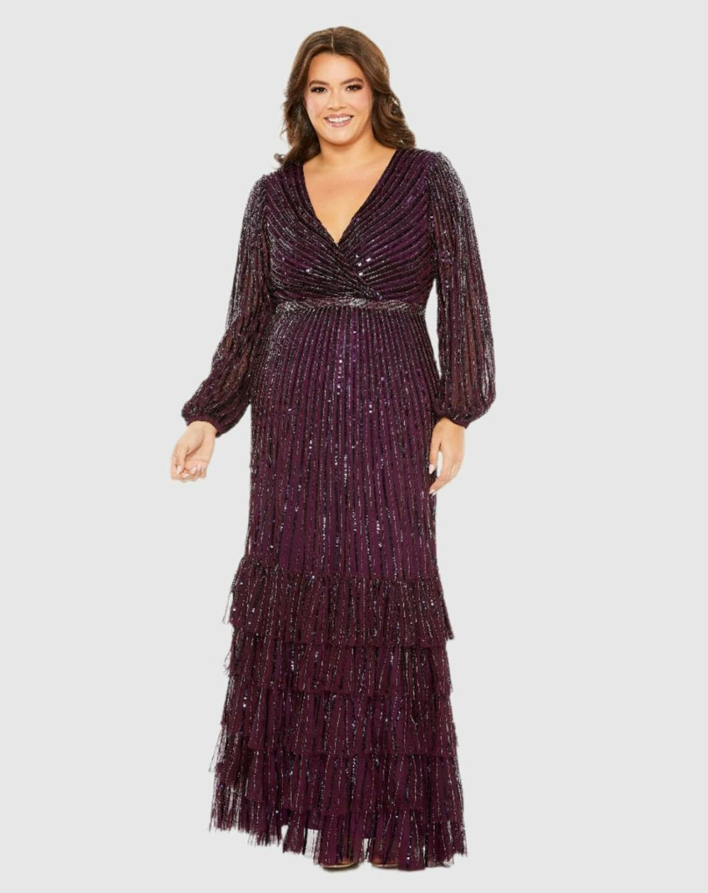 Plus Size Dresses | Women Mac Duggal Beaded Faux Wrap Puff Sleeve Ruffle Tiered Dress Blackberry