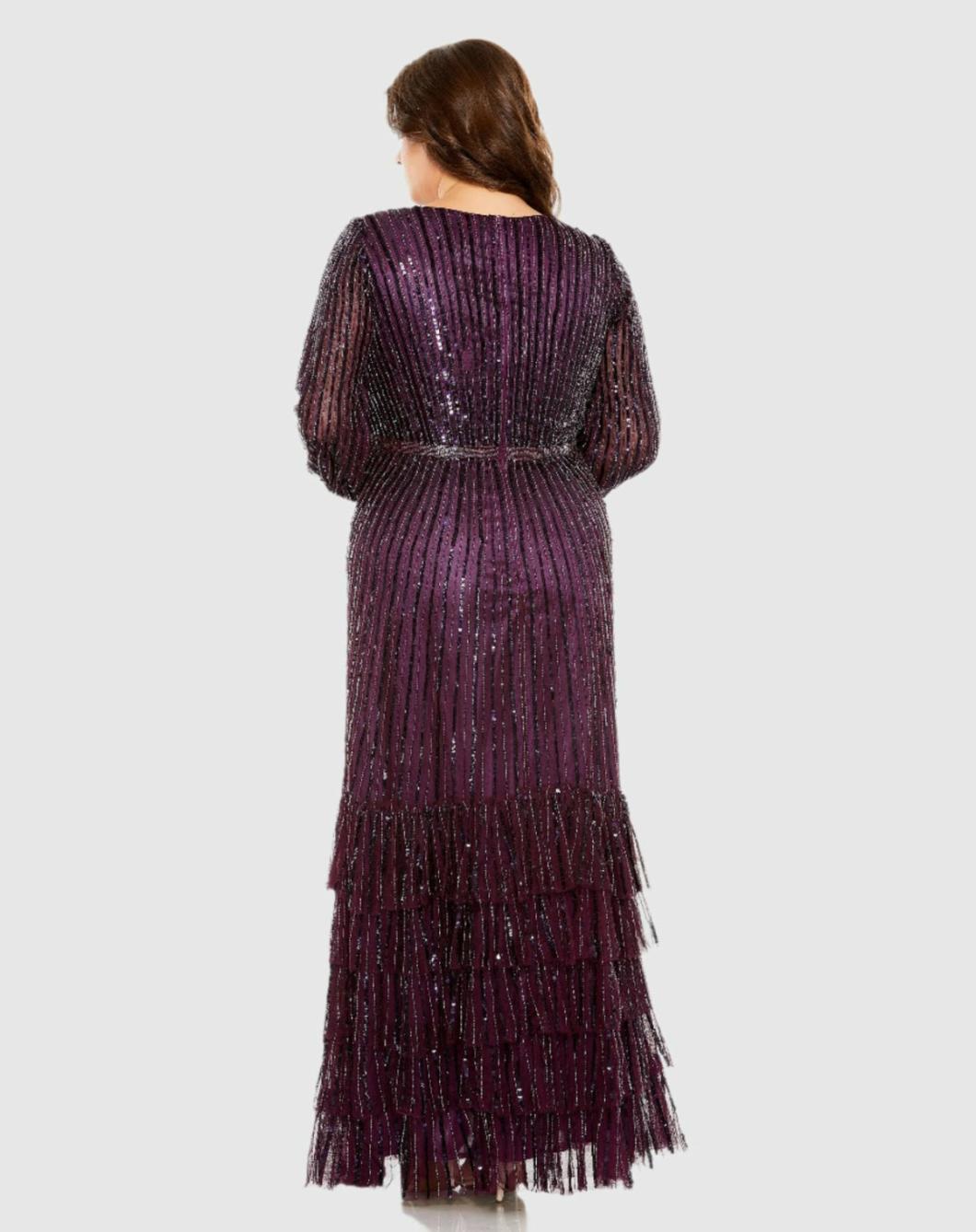 Plus Size Dresses | Women Mac Duggal Beaded Faux Wrap Puff Sleeve Ruffle Tiered Dress Blackberry