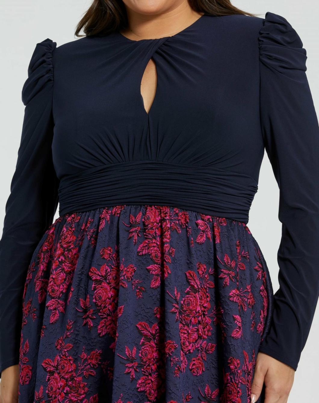 Plus Size Dresses | Women Mac Duggal Blue Long Sleeve Keyhole Knot Neck Floral Bottom Gown Midnight