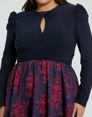 Plus Size Dresses | Women Mac Duggal Blue Long Sleeve Keyhole Knot Neck Floral Bottom Gown Midnight