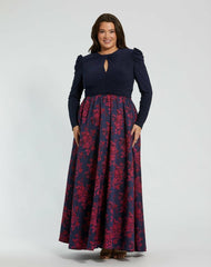 Plus Size Dresses | Women Mac Duggal Blue Long Sleeve Keyhole Knot Neck Floral Bottom Gown Midnight