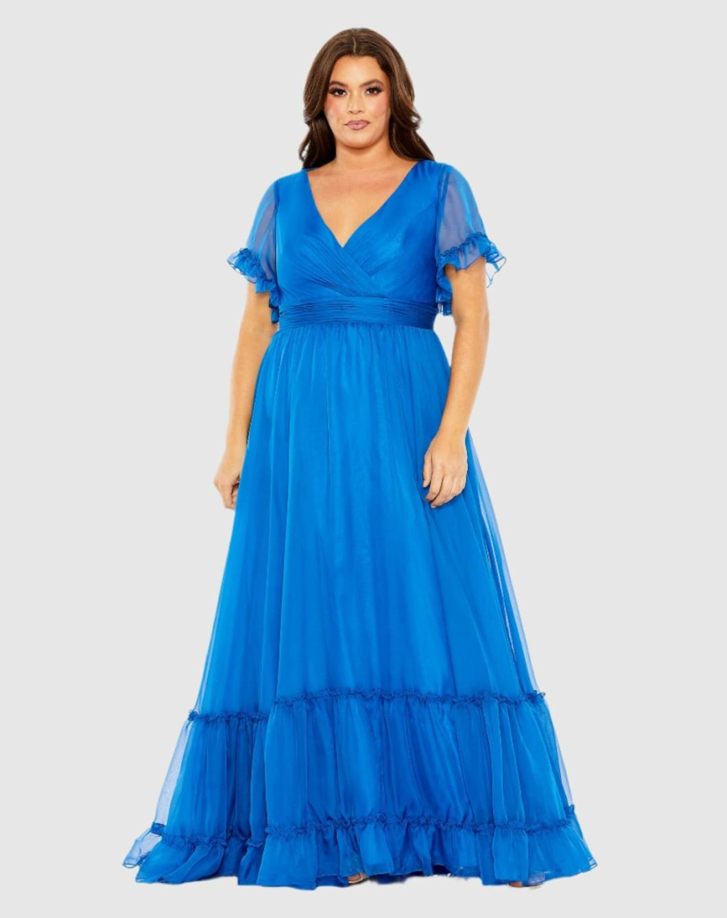 Plus Size Dresses | Women Mac Duggal Chiffon Faux Wrap Flutter Sleeve Tiered Plus Size Dress Ocean Blue