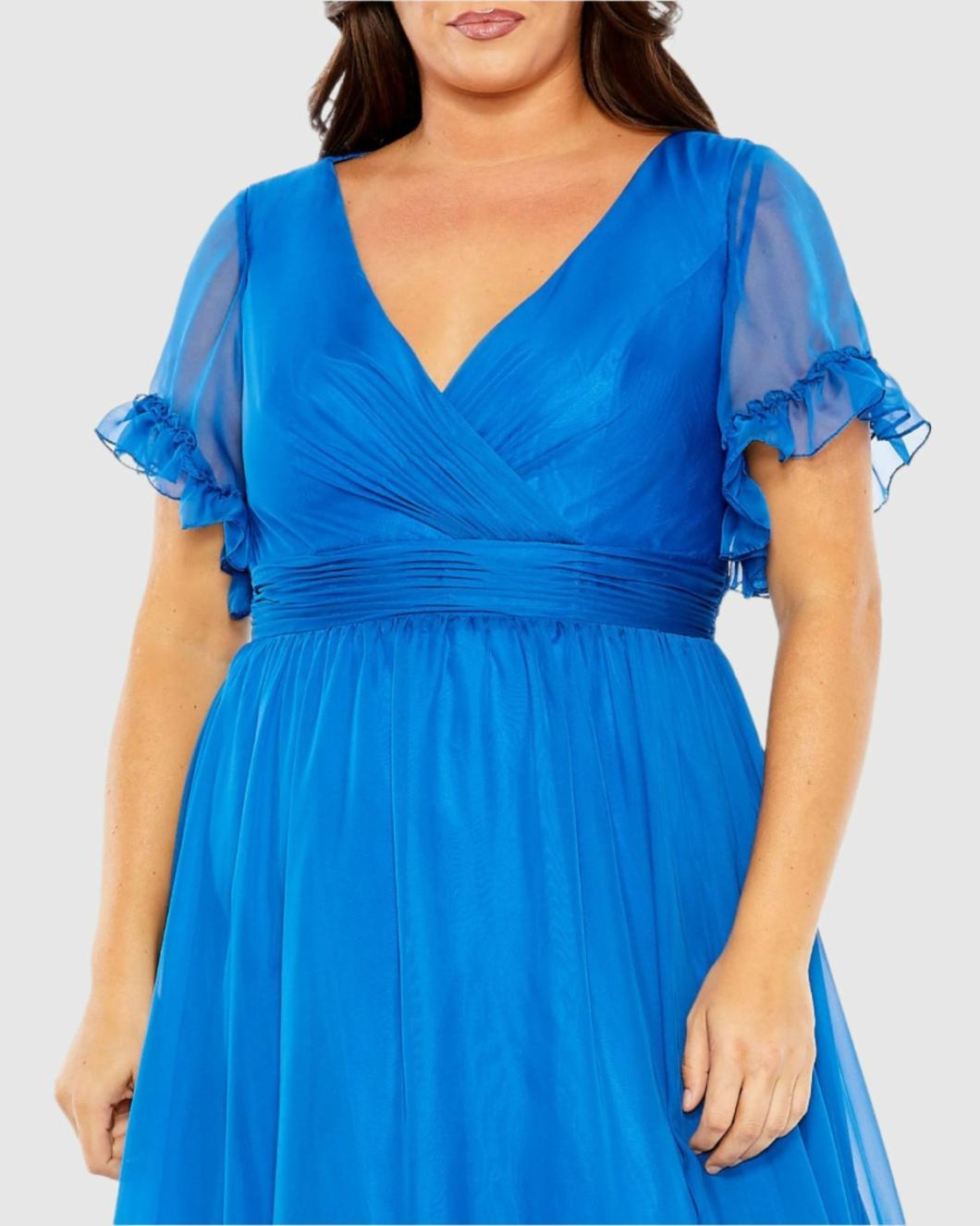 Plus Size Dresses | Women Mac Duggal Chiffon Faux Wrap Flutter Sleeve Tiered Plus Size Dress Ocean Blue