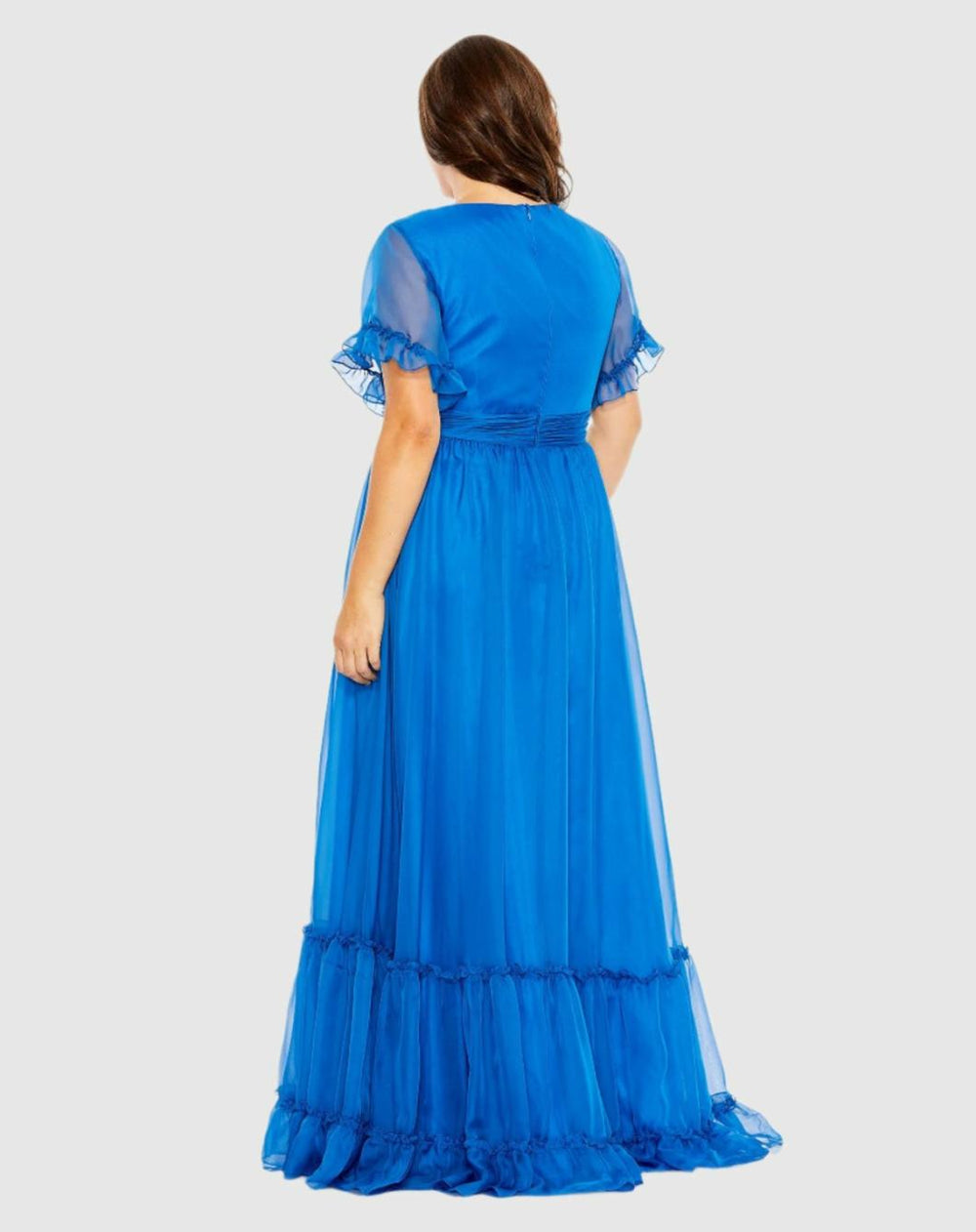 Plus Size Dresses | Women Mac Duggal Chiffon Faux Wrap Flutter Sleeve Tiered Plus Size Dress Ocean Blue