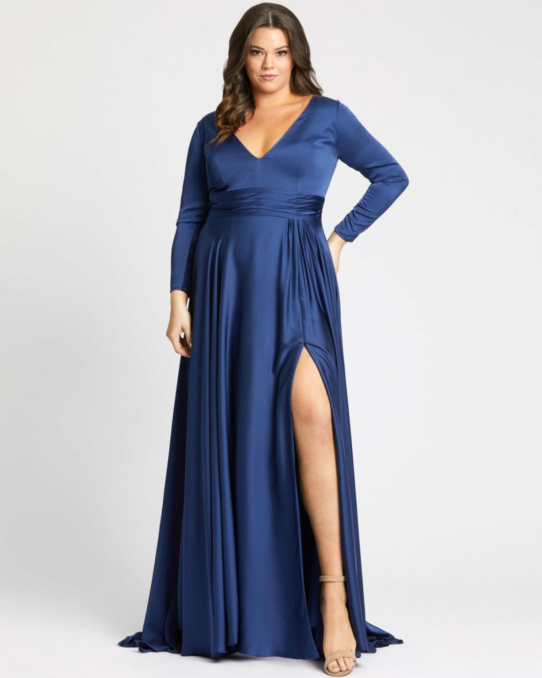 Plus Size Dresses | Women Mac Duggal Classic Satin Long Sleeve Evening Gown (Plus) - FINAL SALE Midnight