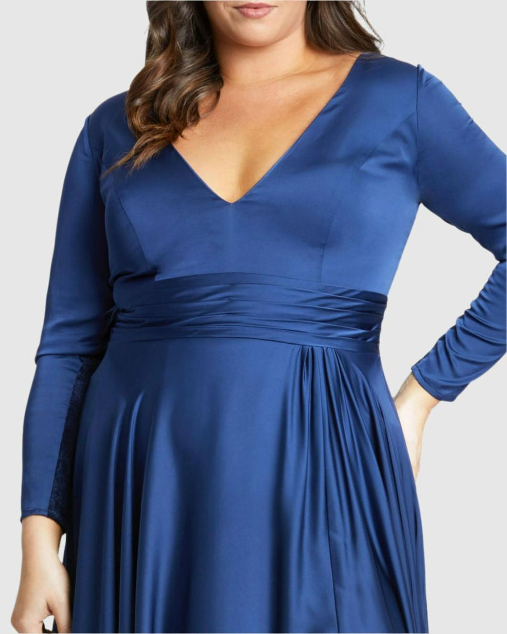 Plus Size Dresses | Women Mac Duggal Classic Satin Long Sleeve Evening Gown (Plus) - FINAL SALE Midnight