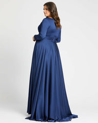 Plus Size Dresses | Women Mac Duggal Classic Satin Long Sleeve Evening Gown (Plus) - FINAL SALE Midnight