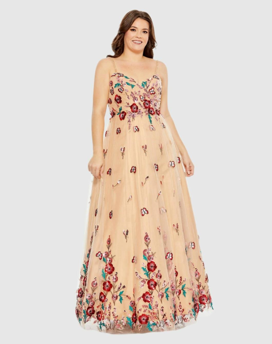 Plus Size Dresses | Women Mac Duggal Embellished Butterfly Sleeveless Lace Up Gown Nude Multi
