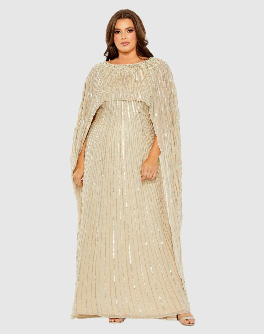 Plus Size Dresses | Women Mac Duggal Embellished Column Cape Dress Champagne