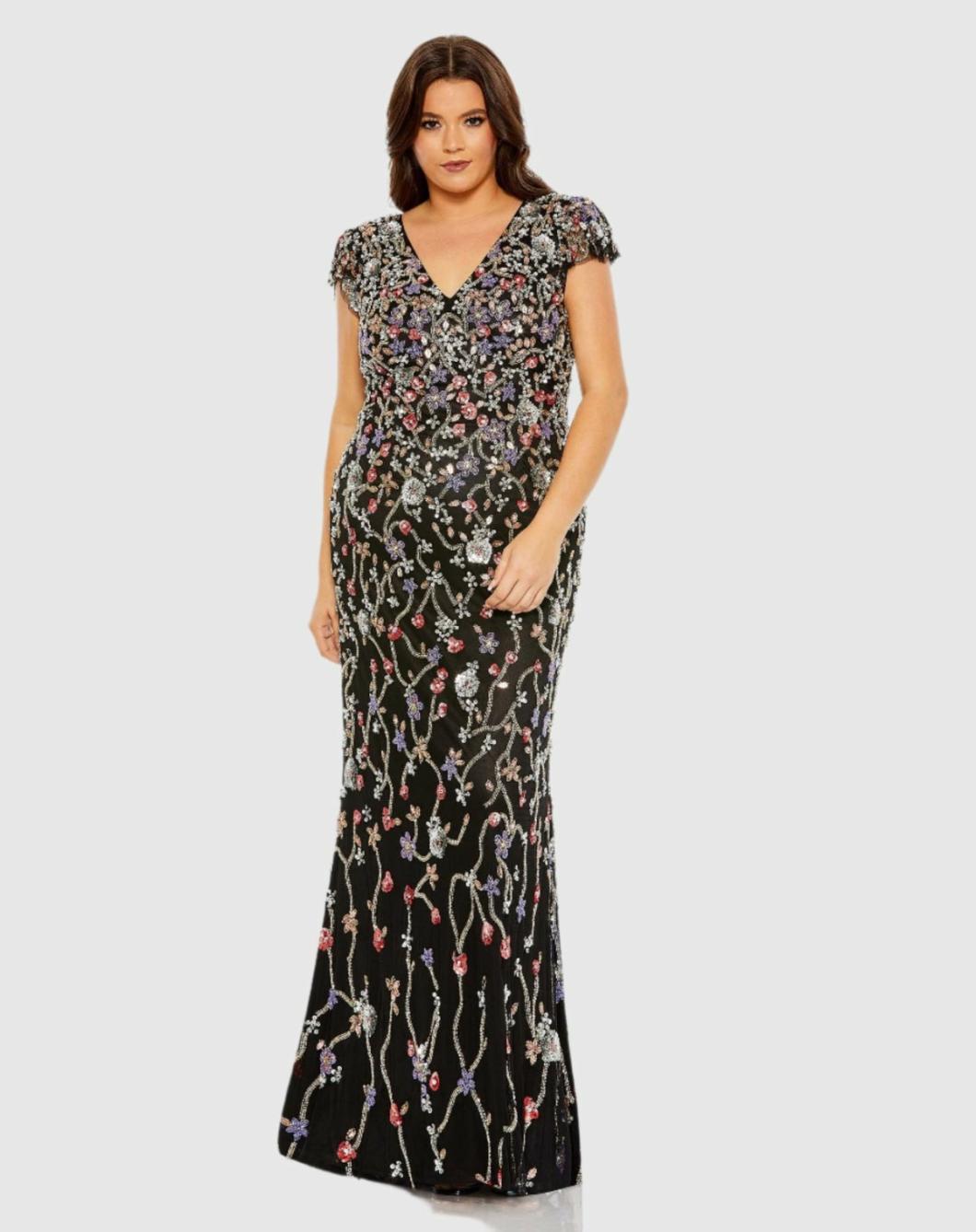 Plus Size Dresses | Women Mac Duggal Embellished Flutter Cap Sleeve V Neck Gown Black Multi
