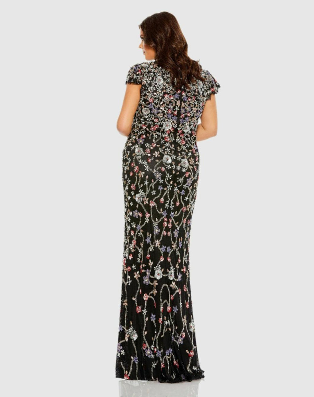 Plus Size Dresses | Women Mac Duggal Embellished Flutter Cap Sleeve V Neck Gown Black Multi