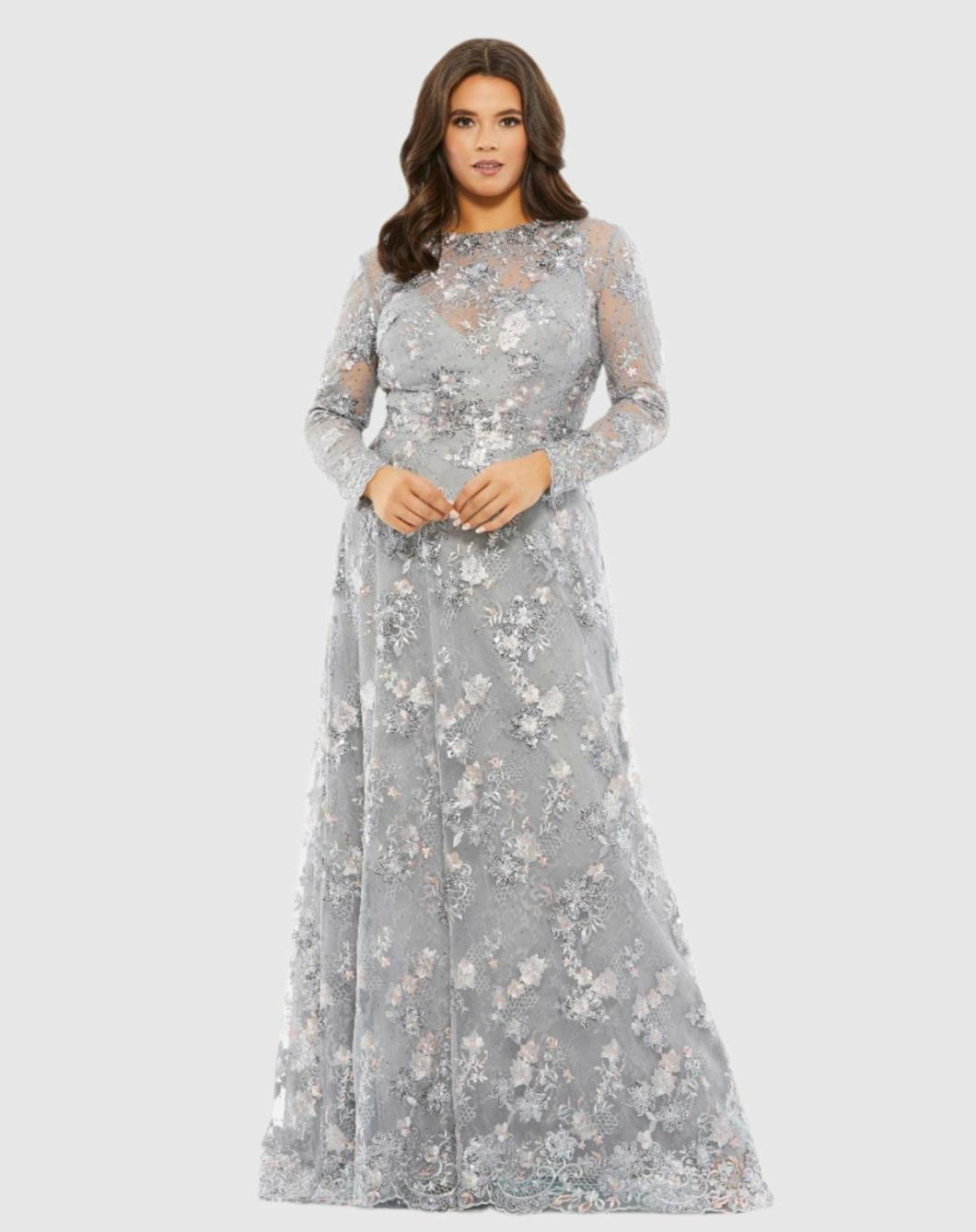 Plus Size Dresses | Women Mac Duggal Embellished Illusion Long Sleeve A Line Gown (Plus) - FINAL SALE Platinum