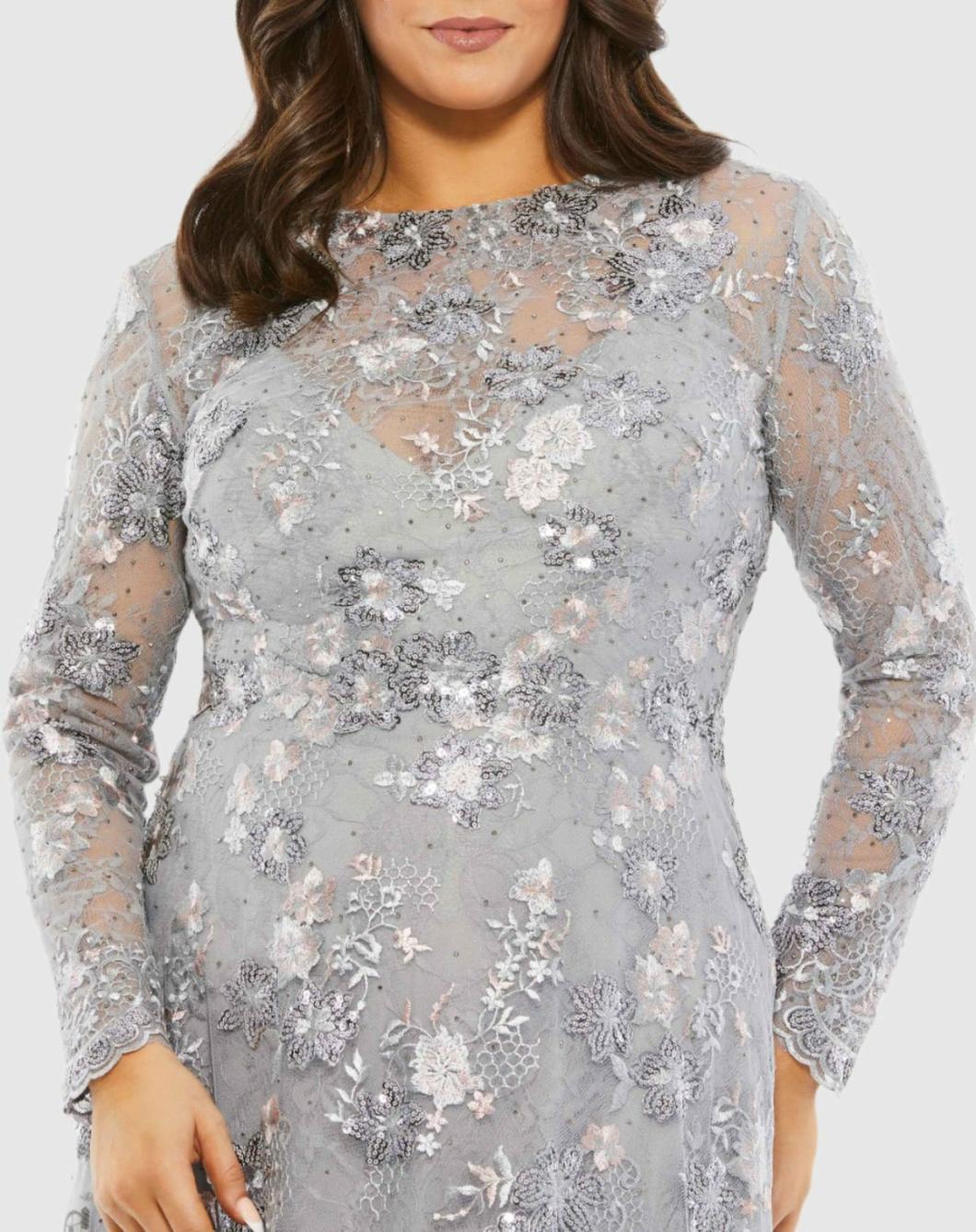 Plus Size Dresses | Women Mac Duggal Embellished Illusion Long Sleeve A Line Gown (Plus) - FINAL SALE Platinum