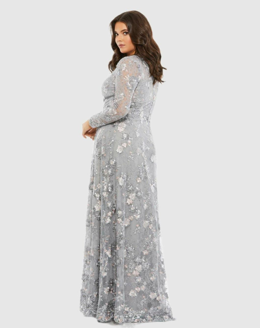 Plus Size Dresses | Women Mac Duggal Embellished Illusion Long Sleeve A Line Gown (Plus) - FINAL SALE Platinum
