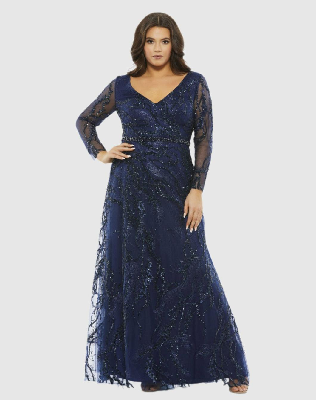 Plus Size Dresses | Women Mac Duggal Embellished Illusion Long Sleeve V-Neck A-Line Gown (Plus) Midnight