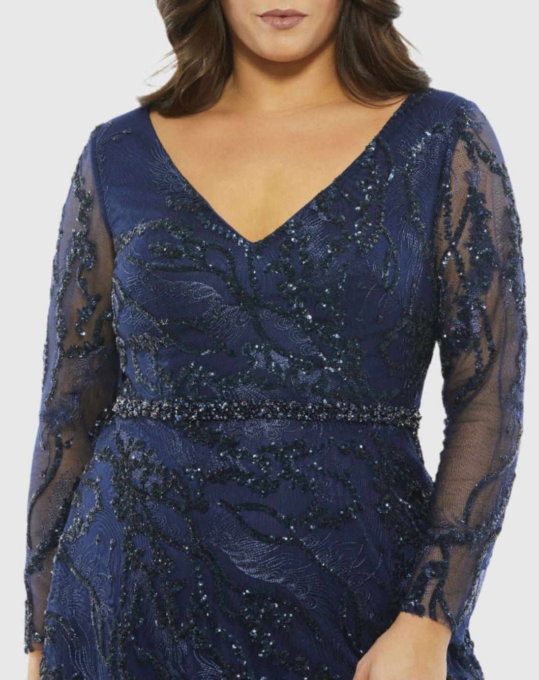 Plus Size Dresses | Women Mac Duggal Embellished Illusion Long Sleeve V-Neck A-Line Gown (Plus) Midnight