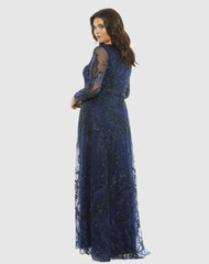 Plus Size Dresses | Women Mac Duggal Embellished Illusion Long Sleeve V-Neck A-Line Gown (Plus) Midnight