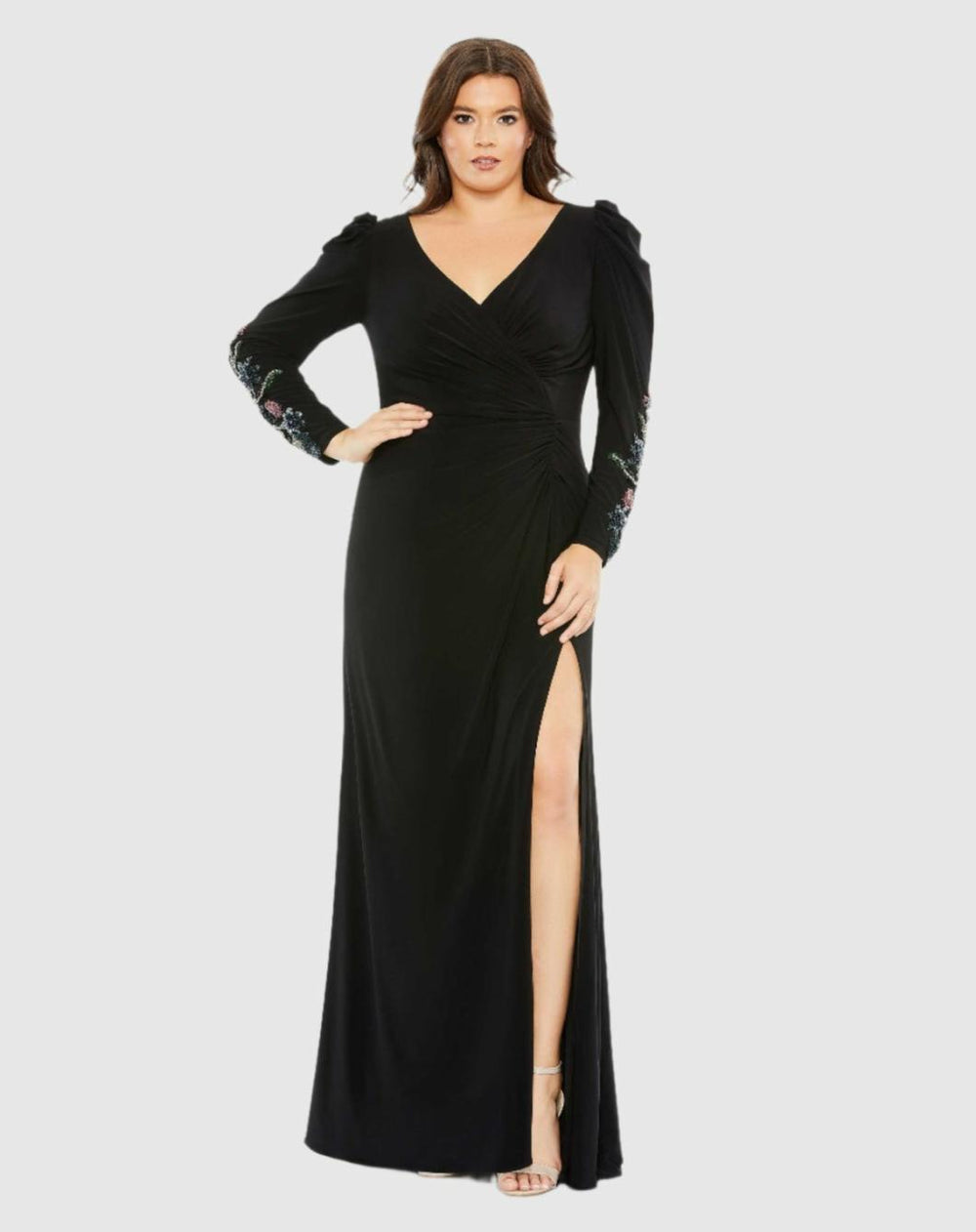 Plus Size Dresses | Women Mac Duggal Embellished Long Sleeve Faux Wrap Gown (Plus) Black