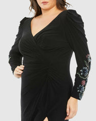 Plus Size Dresses | Women Mac Duggal Embellished Long Sleeve Faux Wrap Gown (Plus) Black