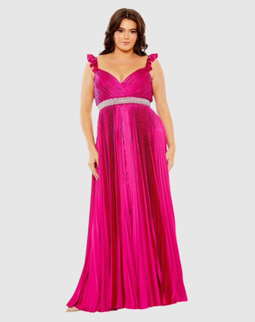 Plus Size Dresses | Women Mac Duggal Embellished Waist Flutter Sleeve Pleated Gown Magenta
