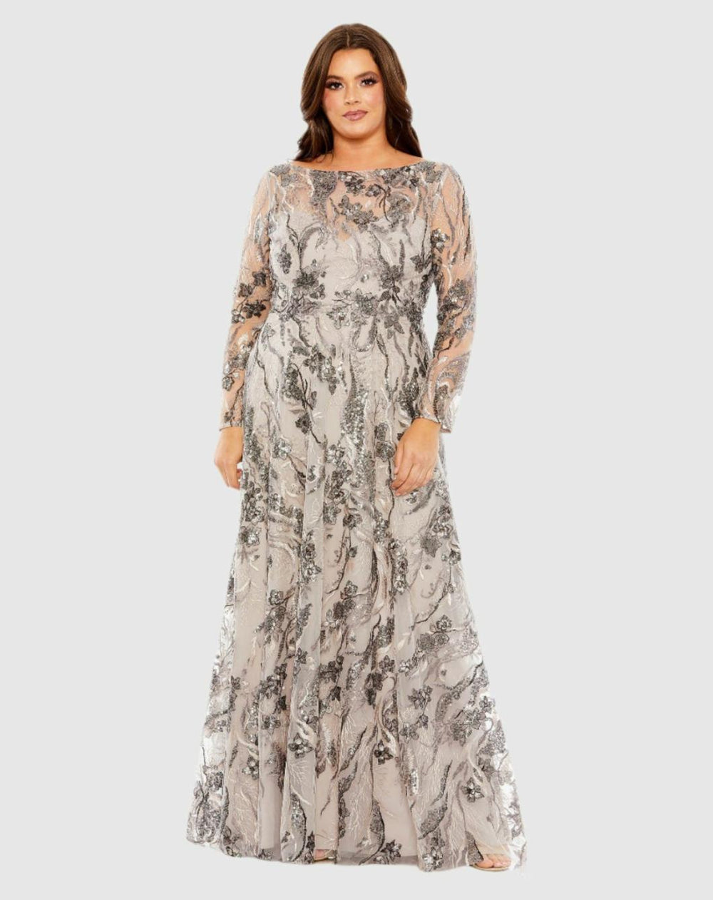 Plus Size Dresses | Women Mac Duggal Embroidered Long Sleeve A Line Gown Taupe