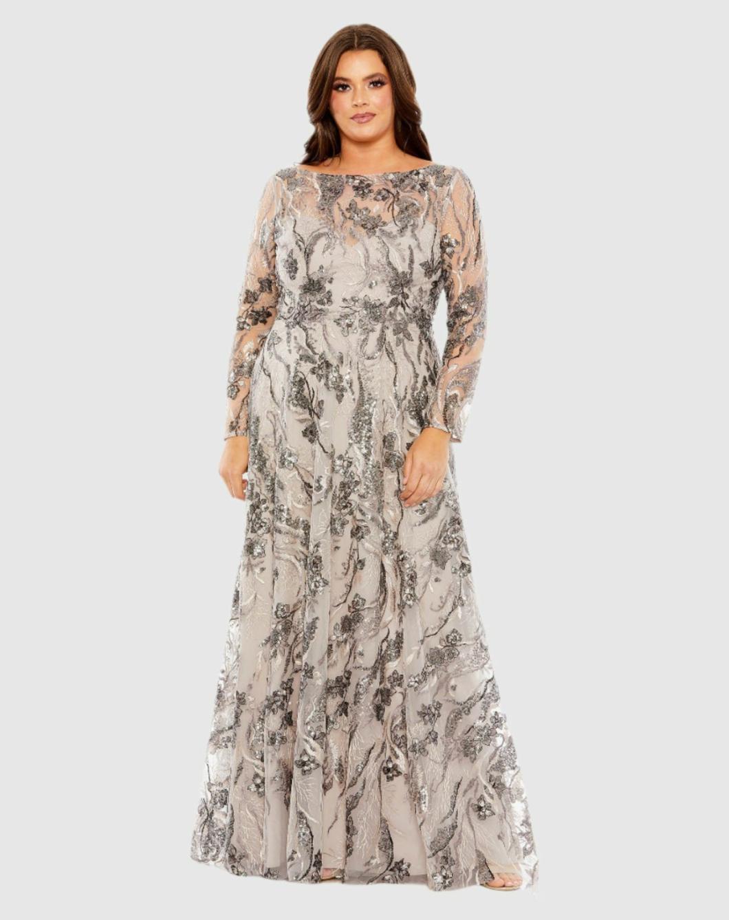 Plus Size Dresses | Women Mac Duggal Embroidered Long Sleeve A Line Gown Taupe