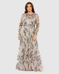 Plus Size Dresses | Women Mac Duggal Embroidered Long Sleeve A Line Gown Taupe