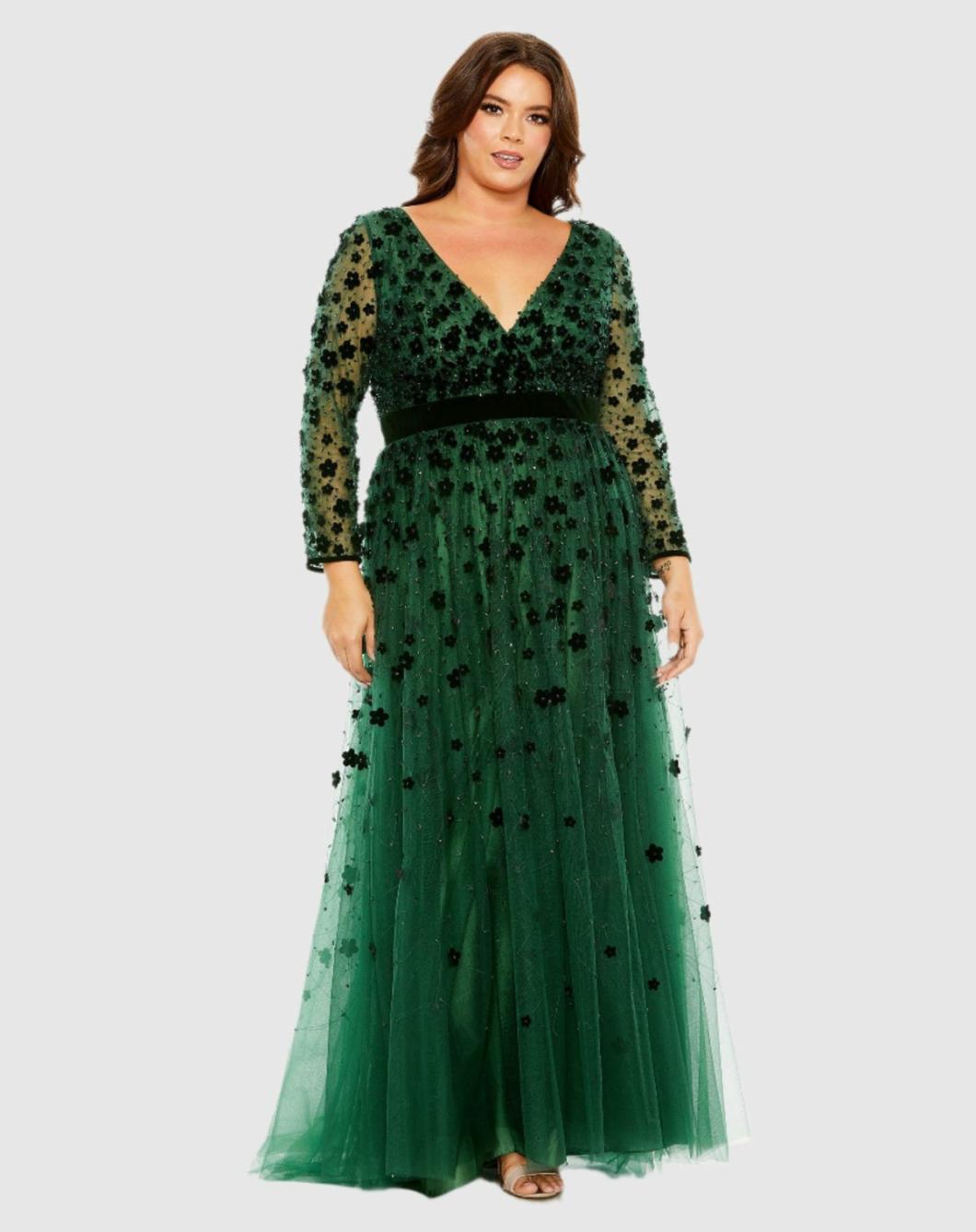 Plus Size Dresses | Women Mac Duggal Floral Applique Long Sleeve A Line Dress Emerald