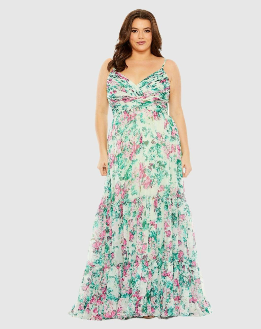 Plus Size Dresses | Women Mac Duggal Floral Printed Tiered Ruched Gown Green Multi