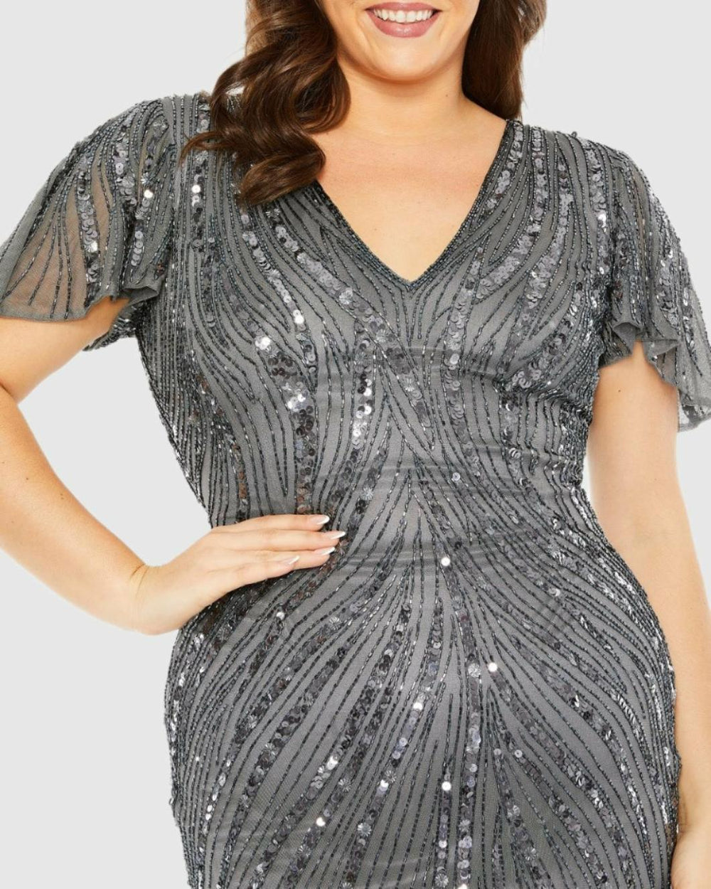 Plus Size Dresses | Women Mac Duggal Flutter Sleeve Embellished Dress Pewter