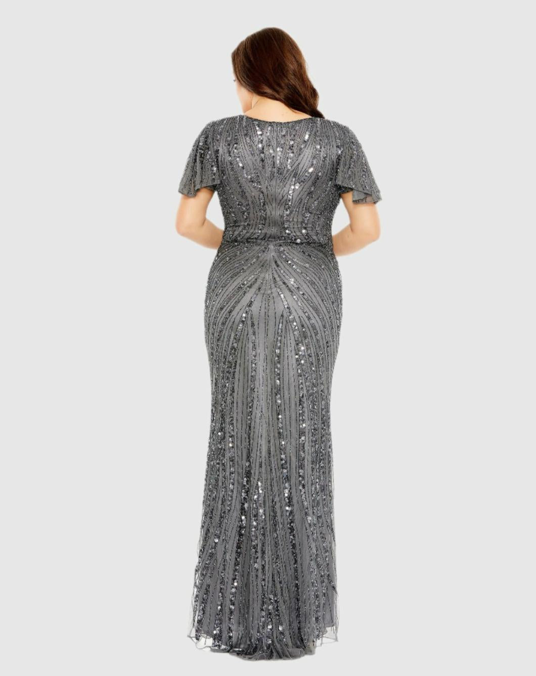 Plus Size Dresses | Women Mac Duggal Flutter Sleeve Embellished Dress Pewter
