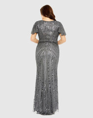 Plus Size Dresses | Women Mac Duggal Flutter Sleeve Embellished Dress Pewter