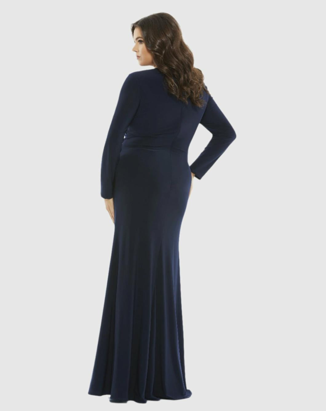 Plus Size Dresses | Women Mac Duggal Front Twist Long Sleeve V-Neck Gown (Plus) Midnight