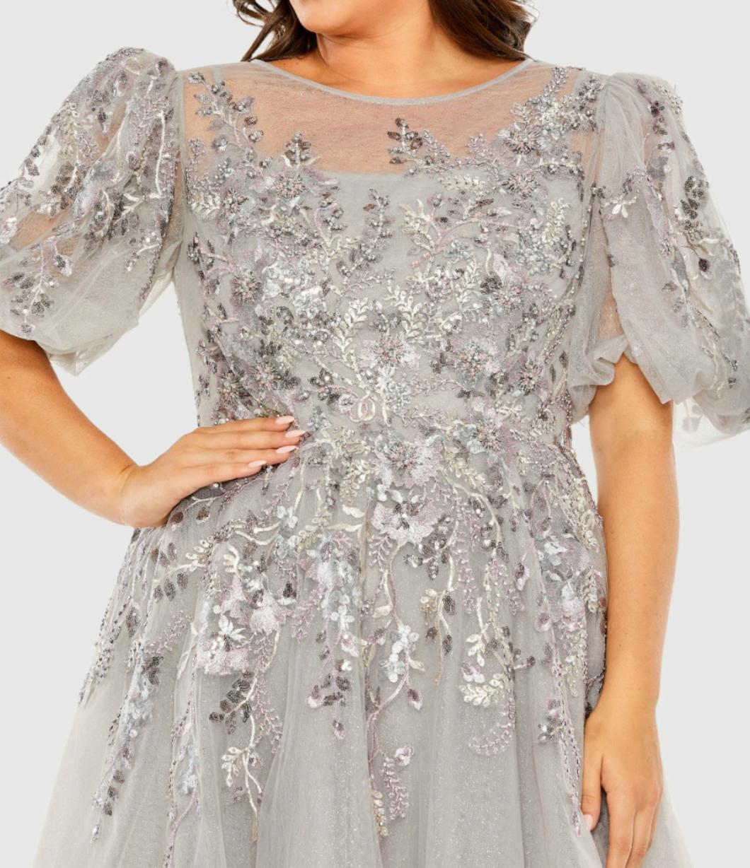 Plus Size Dresses | Women Mac Duggal Gray Puff Sleeve Glitter Embellished Dress Charcoal