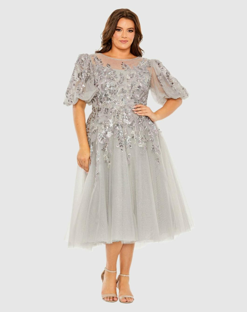 Plus Size Dresses | Women Mac Duggal Gray Puff Sleeve Glitter Embellished Dress Charcoal