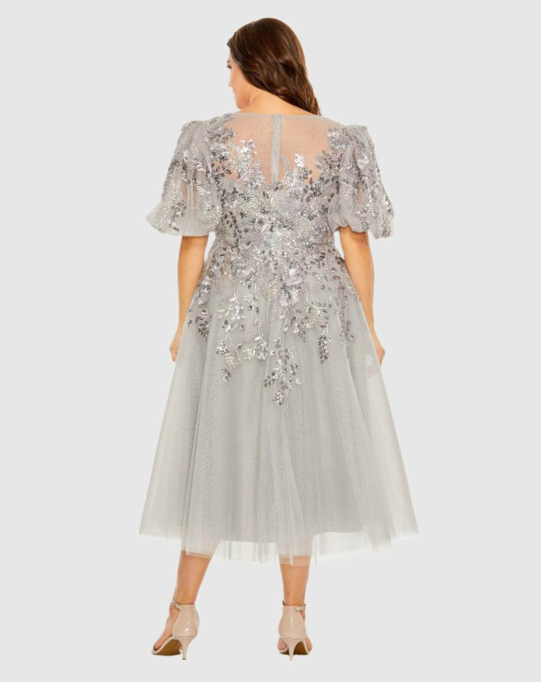 Plus Size Dresses | Women Mac Duggal Gray Puff Sleeve Glitter Embellished Dress Charcoal