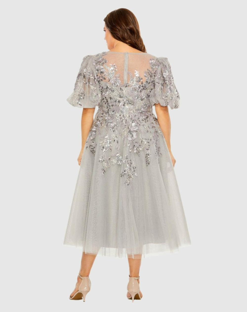 Plus Size Dresses | Women Mac Duggal Gray Puff Sleeve Glitter Embellished Dress Charcoal